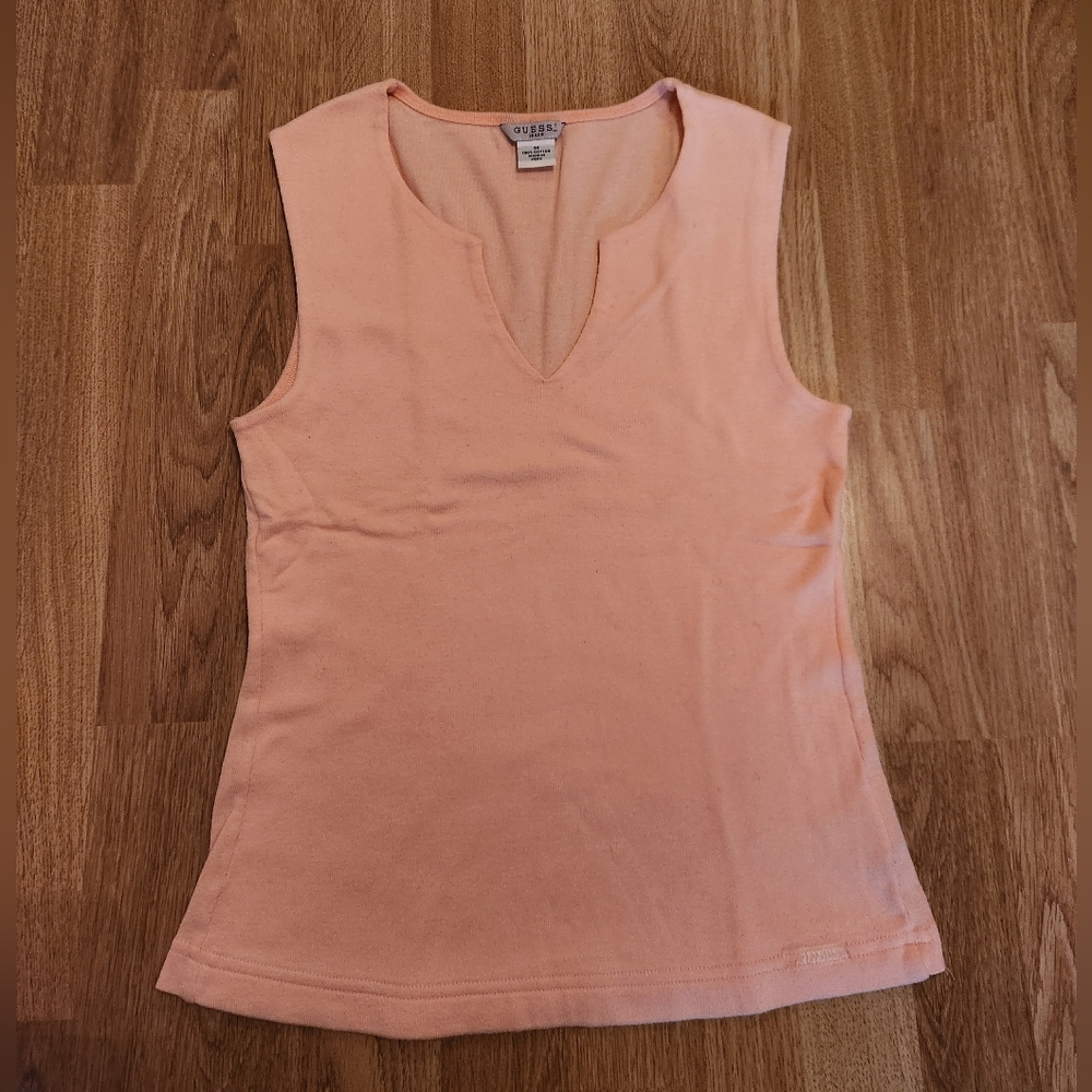 Guess Cotton Split V-Neck Sleeveless Blouse Tank Top Peach Medium